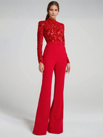 Combinaison rouge avec haut en dentelle col haut manches longues jambe évasée tenue de soirée semi-formelle pour femmes 2025