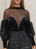 Combinaisons Bodys Femmes en Dentelles Transparentes à Col Rond avec Manches Longues Amples Cousu avec Velours avec Epaules Transparentes Unicolore Sexy