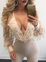 Combinaisons Bodys Femmes en Mousselines Elastiques en Paillettes avec Franges à Col Décolleté en V avec Manches Longues Amples Sexy