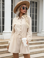 Combinaisons Courts Femme à Col Revers avec Manches Longues avec Boutons Coupe Cintrée à Lacets Unicolore