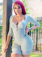 Combinaisons Courts Femmes avec Manches Longues à Col Décolleté en Carré Fermeture avec Boutons Coupe Cintrée Cousu en Dentelles Unicolore Sexy