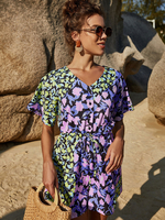 Combinaisons Courts Femmes Imprimés Florales Etés Sexy avec Manches Courtes Coupe Cintrée à Lacets Multicolores Etés Sexy