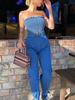 Combinaisons en Denim Long en Plis Elastique Femme Sexy sans Manches à Col Décolleté Coupe Cintrée avec Ceinture avec Poche Unicolore Combinaisons Sexy