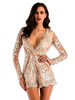 Combinaisons Femmes Courts en Paillettes à Col Décolleté en V avec Manches Longues Imprimés Coupe Cintrée Unicolore Sexy