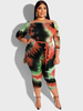 Combinaisons Grande Taille Long Moulants Femme Imprimés avec Epaule Dénudée avec Manches Longues Coupe Cintrée à Lacets Multicolores Sexy Eté