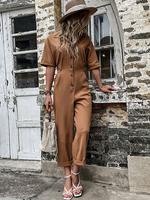 Combinaisons Longs Femme à Col Revers avec Manches Courtes Coupe Cintrée avec Boutons Unicolore
