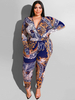 Combinaisons Longs Grande Taille Imprimés Femmes Moulants à Col Décolleté V avec Manches Longues Coupe Cintrée Elastique Multicolores Eté Sexy