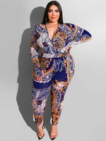 Combinaisons Longs Grande Taille Imprimés Femmes Moulants à Col Décolleté V avec Manches Longues Coupe Cintrée Elastique Multicolores Eté Sexy