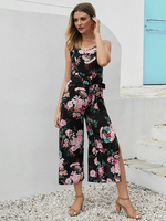 Combinaisons Longs Imprimés Florales avec Bretelles à Col Rond Coupe Cintrée avec Ceinture avec Fente Moulants Multicolores Eté Sexy