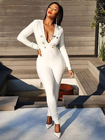 Combinaisons Moulants Longs Femmes à Col Décolleté en V avec Manches Longues Coupe Cintrée Décors avec Boutonnages Unicolore Sexy