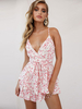 Combinaisons Short Court Femme Eté Sexy Imprimés Florales avec Bretelles à Col Décolleté en V Coupe Cintrée à Lacets Bas Evasée Bicolores