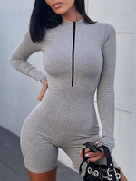 Combinaisons Shorts Courts Femmes Moulants à Col Montant à Zip avec Manches Longues Coupe Cintrée Unicolore Combinaisons Shorts Courts Sexy