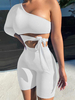 Combishort blanc une épaule manches longues à lacets Body dété en polyester pour femmes