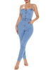 Combishort bleu Demin femmes bretelles col sans manches boutons longue combishort