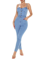 Combishort bleu Demin femmes bretelles col sans manches boutons longue combishort