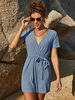 Combishort bleu gris col en V manches courtes à lacets polyester extensible droite tenue dété une pièce