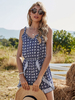 Combishort bleu profond imprimé motif col en V sans manches volants en polyester extensible tenue dété une pièce