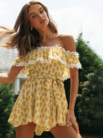 Combishort dété en polyester sans manches à col bateau et imprimé floral jaune
