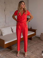 Combishort dété lâche en polyester à col rabattu et manches courtes rouge