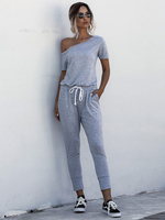 Combishort gris clair col bateau manches courtes épaule ouverte harem polyester combishort dété