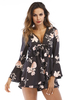 Combishort noir motif imprimé floral col en V manches longues polyester combishort dété