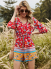 Combishort rouge imprimé floral col en V demi-manches plissée en polyester extensible combishort dété