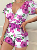 Combishort violet col en V manches courtes ceinture asymétrique en polyester maigre tenue dété une pièce