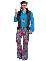 Costume bleu Hippies Polyester imprimé floral manches longues Costumes rétro pour homme Ensemble vintage