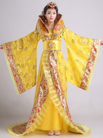 Costume chinois dhalloween déguisement Tang ancien costume impératrice robe en satin jaune en 3 pièces avec train