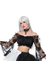 Costume dDéguisements Halloween Gothique Femmes Noir Dentelle Bell Manches Crop Top