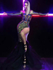 Costume Danse Jazz Femmes Sexy Noir Perles Robes Fente Discothèque Porter Déguisements Halloween
