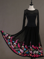 Costume de Danse de Salon Noir Floral Femmes Manches Longues Formation Robes De Danse Déguisements Halloween