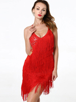 Costume De Danse Latin 2021 Femmes Lacet Découperobe Avec Franges Rouge Robe De Danse Déguisements Halloween