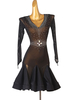 Costume de danse latine Robe en polyester pour femmes noires Sexy Strass Danseuse latine Costume de danse