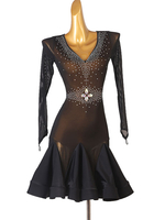 Costume de danse latine Robe en polyester pour femmes noires Sexy Strass Danseuse latine Costume de danse