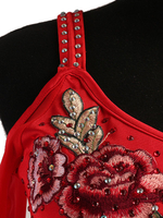 Costume De Danse Latine Rouge Femmes À Manches Longues À Épaule Froide Brodé Perlé Court Robe De Danse Latine Déguisements Halloween