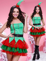 Costume De Noël Elfe Vert Femmes Bretelles Robes Courtes 4 Pièces Déguisements Noël
