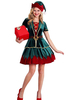 Costume de Noël pour femmes Robe en fibre de polyester vert Chapeau de couleur Bloc Costumes de vacances Ensemble complet