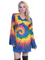 Costume Hippies Orange vintage Imprimé tie-dye Floral Manches Longues Top Costumes Rétro Femme
