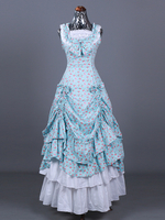 Costume rétro bleu ciel clair pour femme imprimé floral volants plissé polyester ensemble robe costume Marie-Antoinette costume rétro du XVIIIe siècle