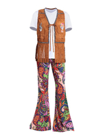 Costume Rétro Disco des Années 1970 Déguisements Halloween hommes glands pantalon imprimé floral haut gilet 3 pièce Déguisement Années 80
