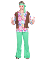 Costume vert Hippies imprimé floral manches longues haut en fibre Costumes rétro pour homme Ensemble vintage