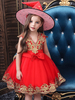 Costumes Cadeau Noël Enfants En Dentelle Rouge de Sorcière Robe Avec Nœud Princesse Fille Avec Chapeau Déguisement Halloween Baptême