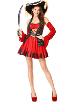Costumes dDéguisements Halloween Costumes de Pirate Robe Rouge Femme Manches Longues Ceinture Costumes de Vacances