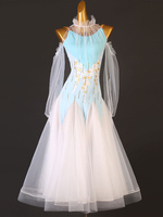 Costumes de danse de salon bleu ciel clair femmes élégantes Lycra Spandex col haut dos nu volants robe robe de danse