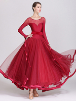 Costumes de danse de salon bleu Royal femmes Sexy Polyester Transparente bijou cou couches volants nœuds robe robe de danse