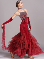 Costumes de danse de salon bordeaux femmes robe en Polyester à bretelles Sexy en dentelle et strass