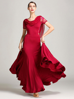 Costumes de danse de salon bordeaux pour femmes robe élégante transparente en Polyester col bénitier à volants en dentelle robe de danse plissée