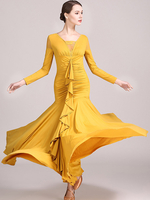 Costumes de danse de salon jaune pour femmes robe Sexy en dentelle transparente col en v en Polyester à volants vêtements de danse superposés
