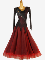 Costumes De Danse De Salon Manches Longues Robe Noir Rouge Femmes Élégantes Robe En Lycra Spandex Strass Robe De Danse